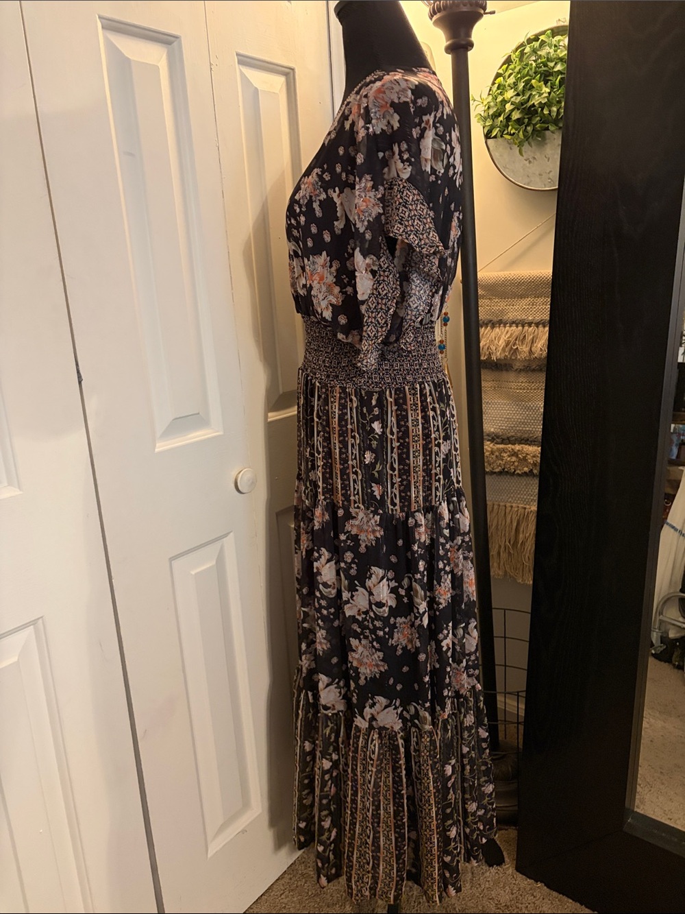 Black Boho Floral Maxi Dress with Smocked Waist and V-Neck - Picture 3 of 9